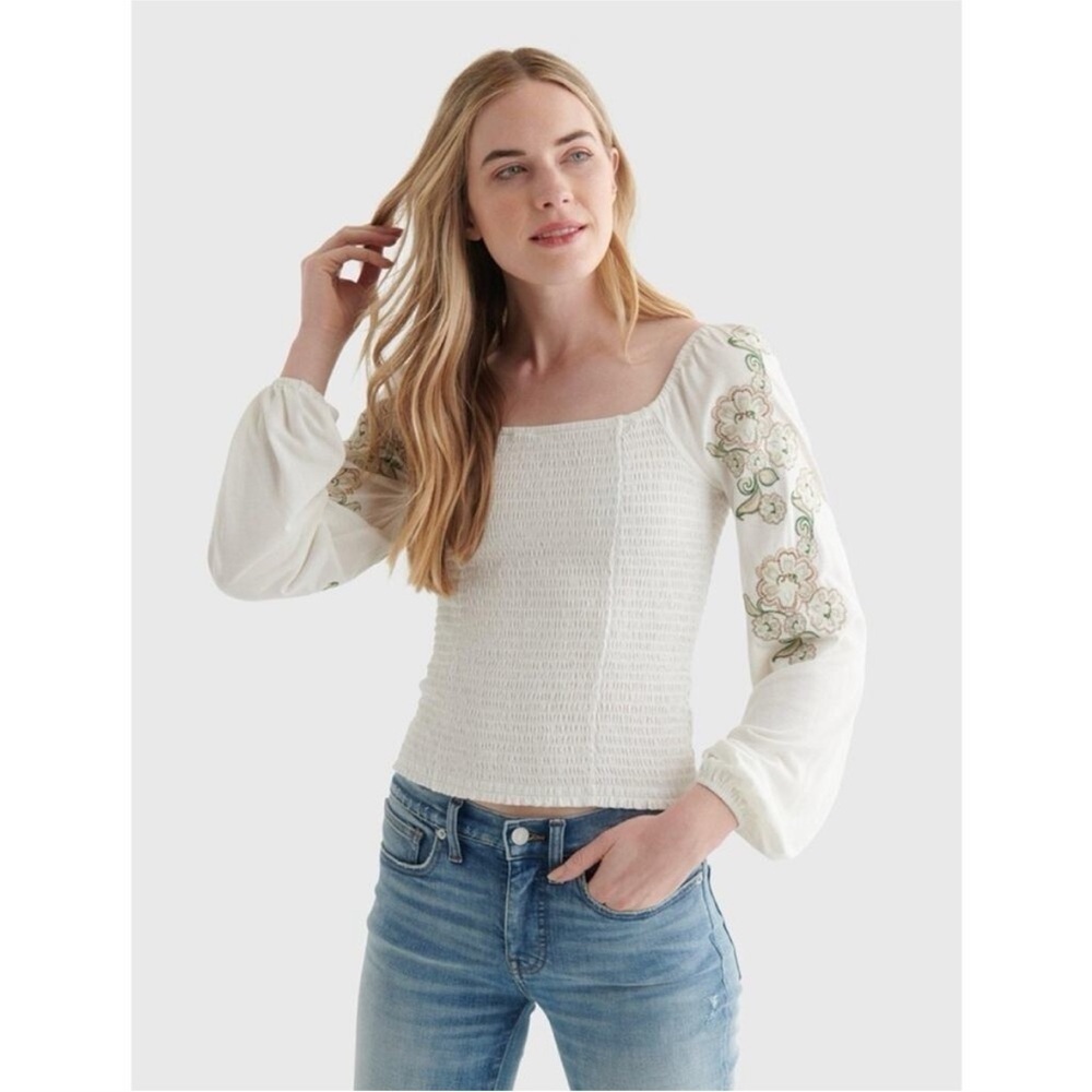 Lucky Brand White Smocked Puff Sleeve Blouse​​​​​